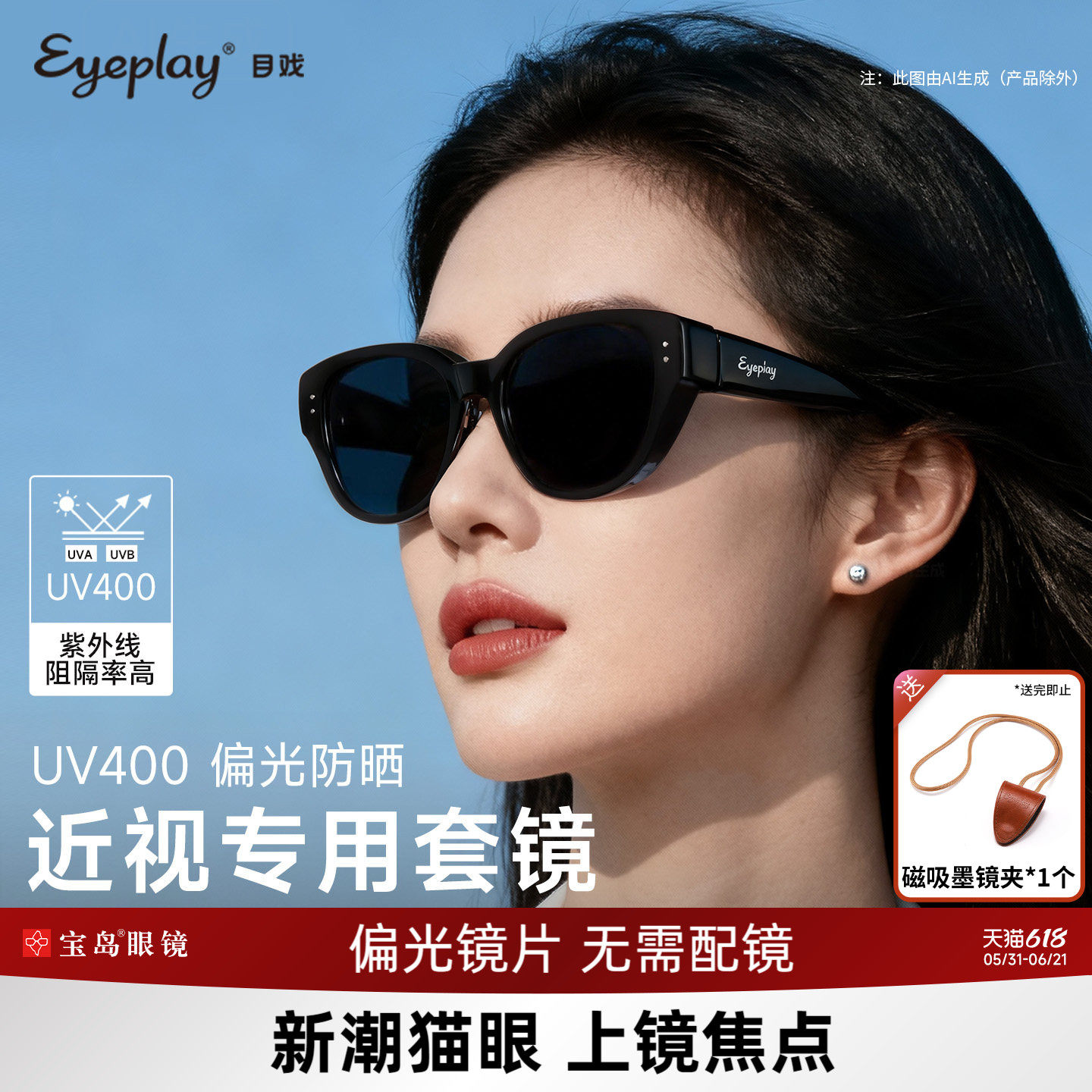 目戏猫眼太阳镜可套近视眼镜防紫外线护目偏光墨镜套镜女款31027