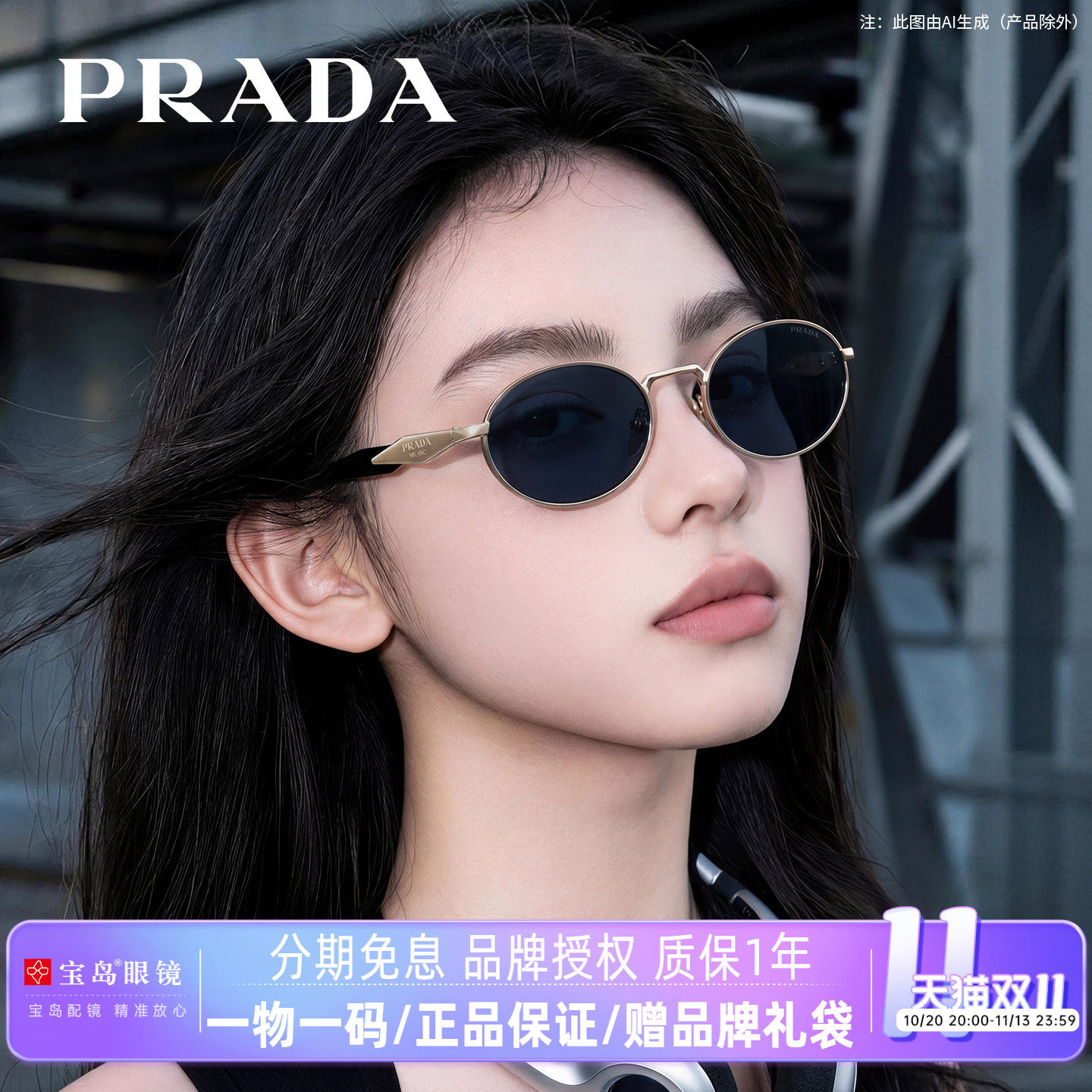 PRADA普拉达墨镜女复古高级感椭圆时尚潮流老钱风太阳镜65zs