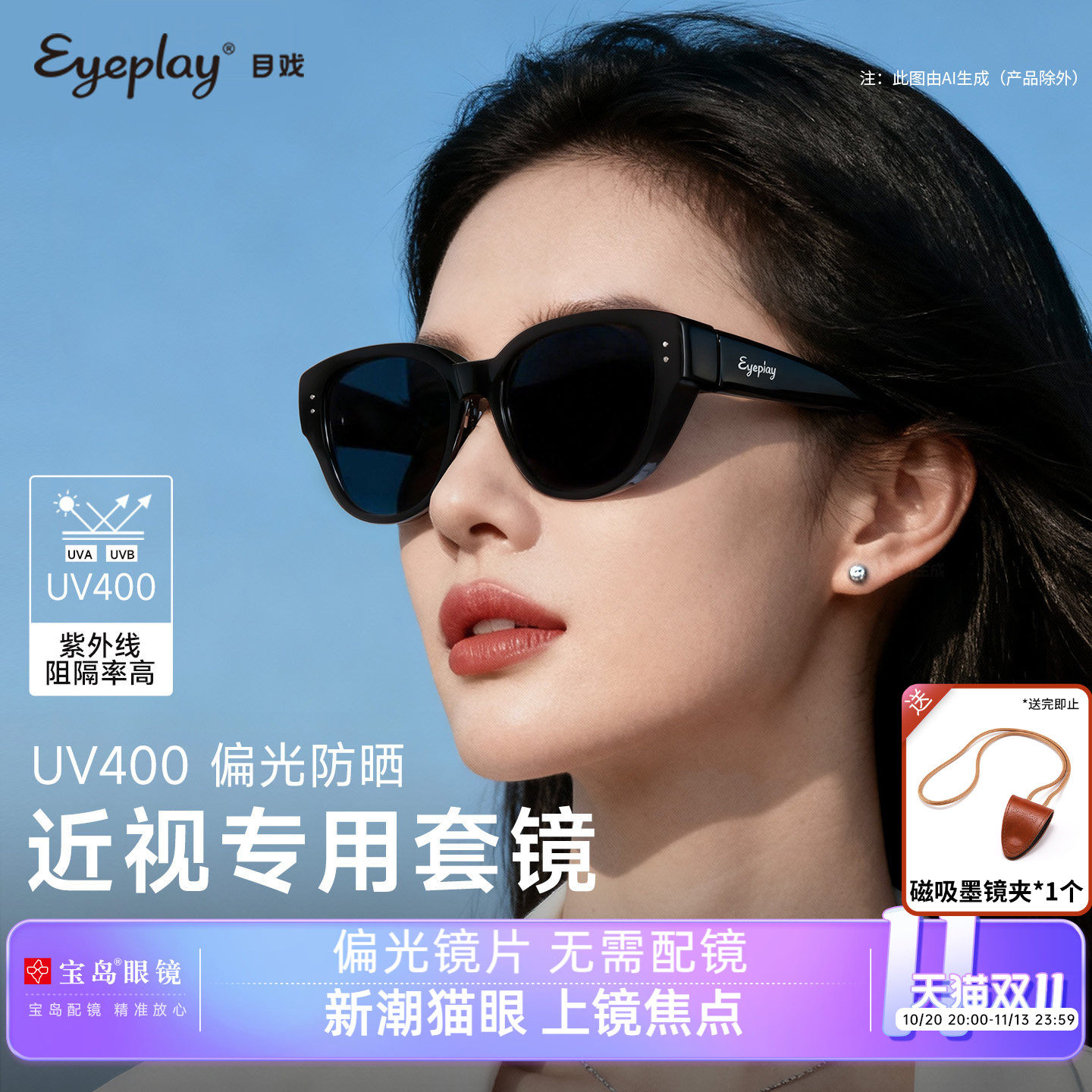 目戏猫眼太阳镜可套近视眼镜防紫外线护目偏光墨镜套镜女款31027