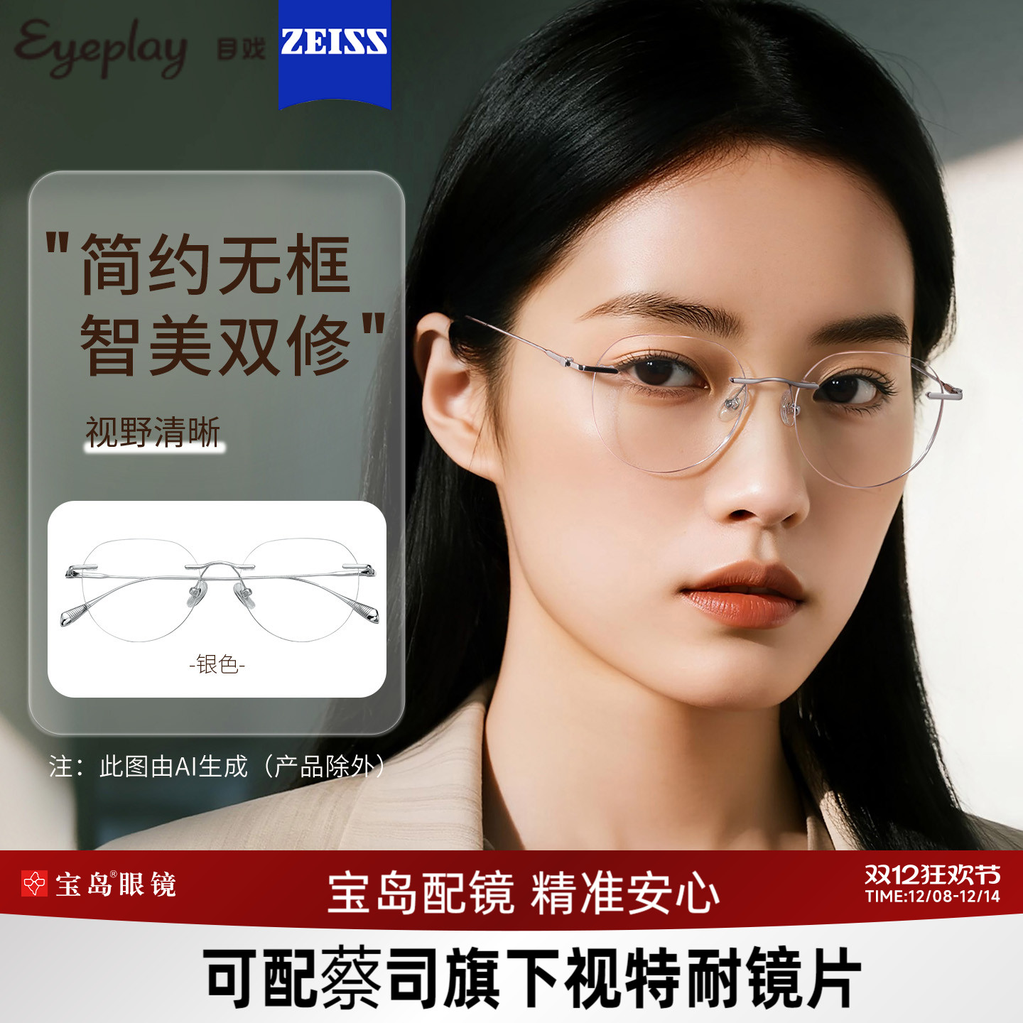 目戏高智感无框眼镜可配镜片