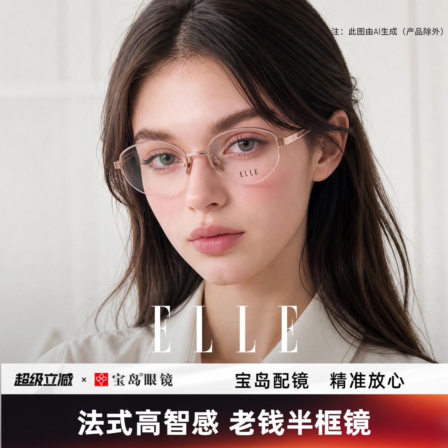ELLE老钱风高智感玫瑰金金属半框眼镜女可配度数近视眼镜框女7021