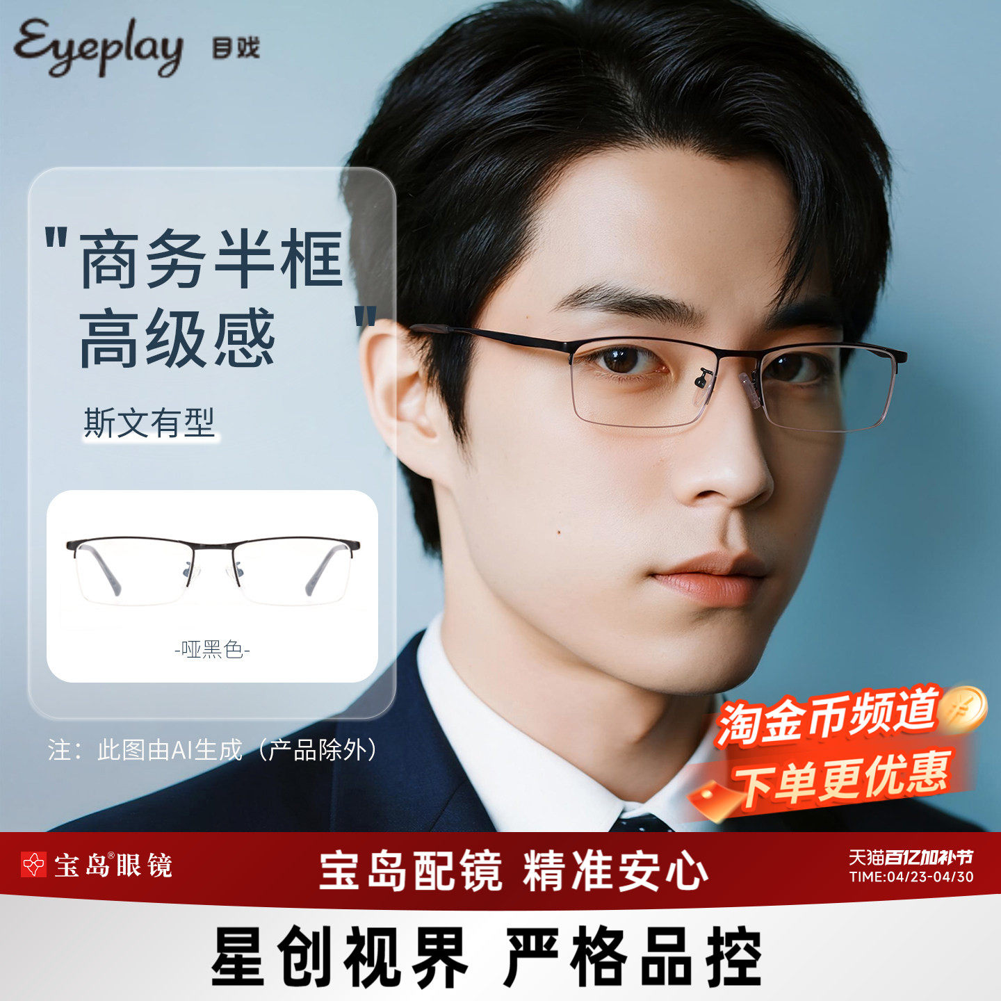 目戏半框近视眼镜男款可配度数光学眼镜框专业网上配眼镜12003