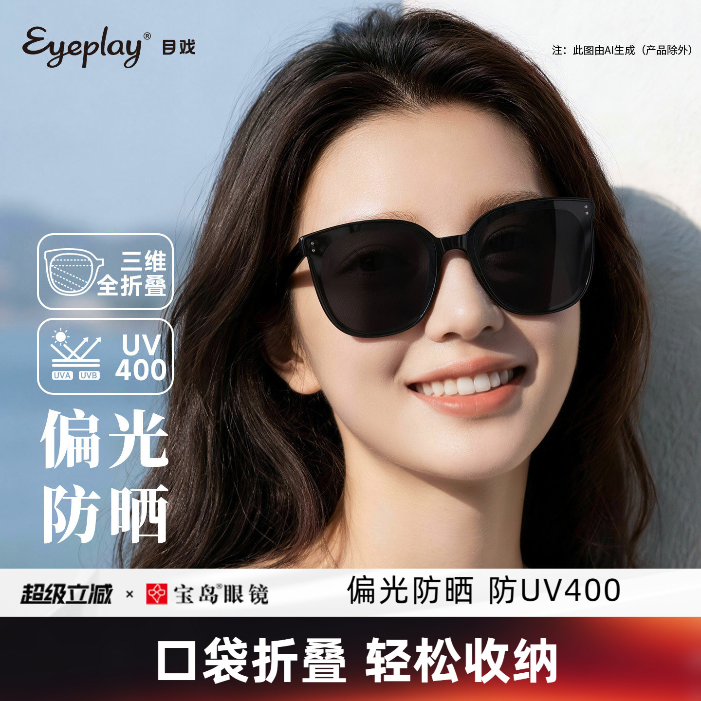 目戏折叠墨镜女高级感时尚防晒防紫外线太阳镜女款偏光太阳镜男士