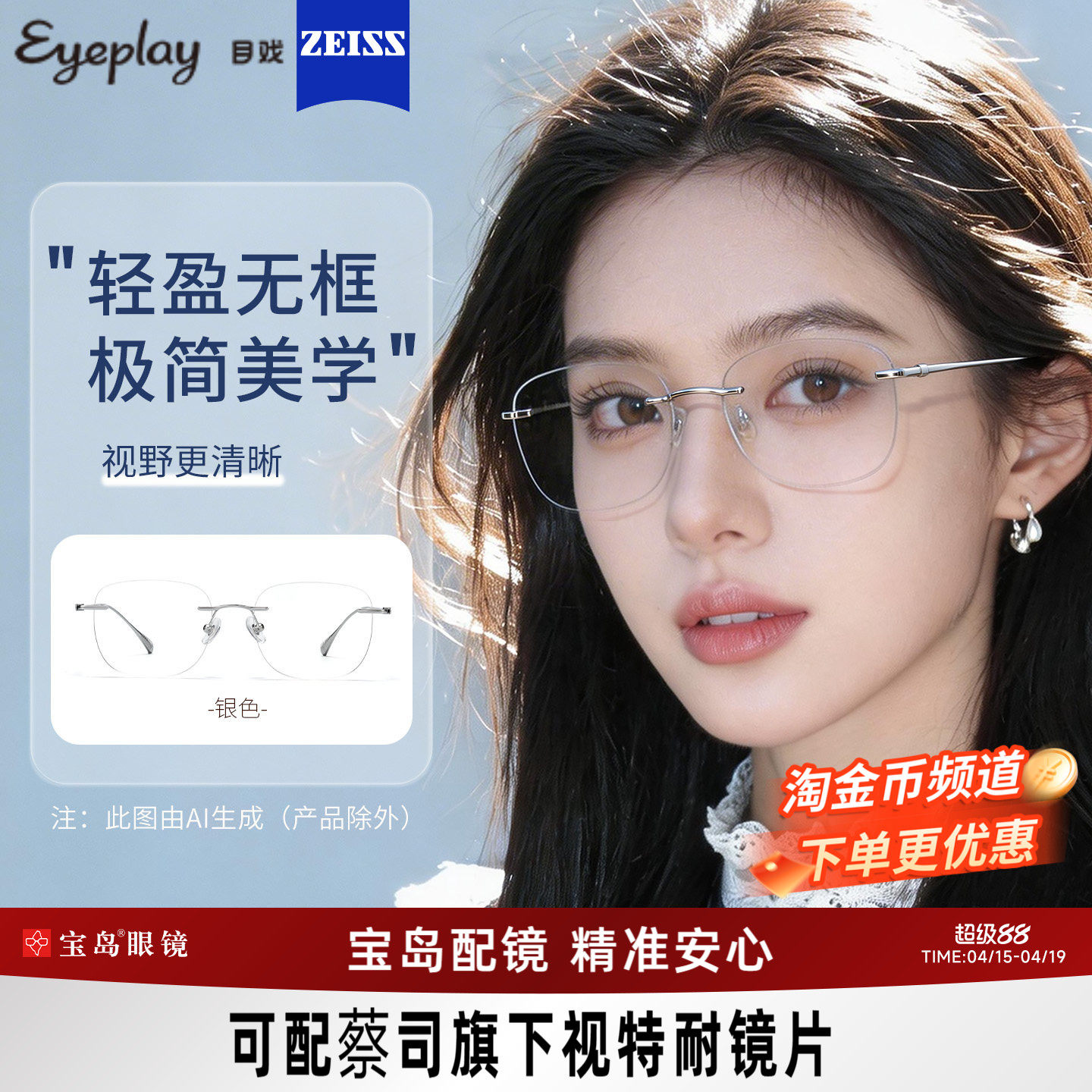 目戏无框眼镜女近视可配度数可选蔡司镜片无边框眼镜框镜架23006