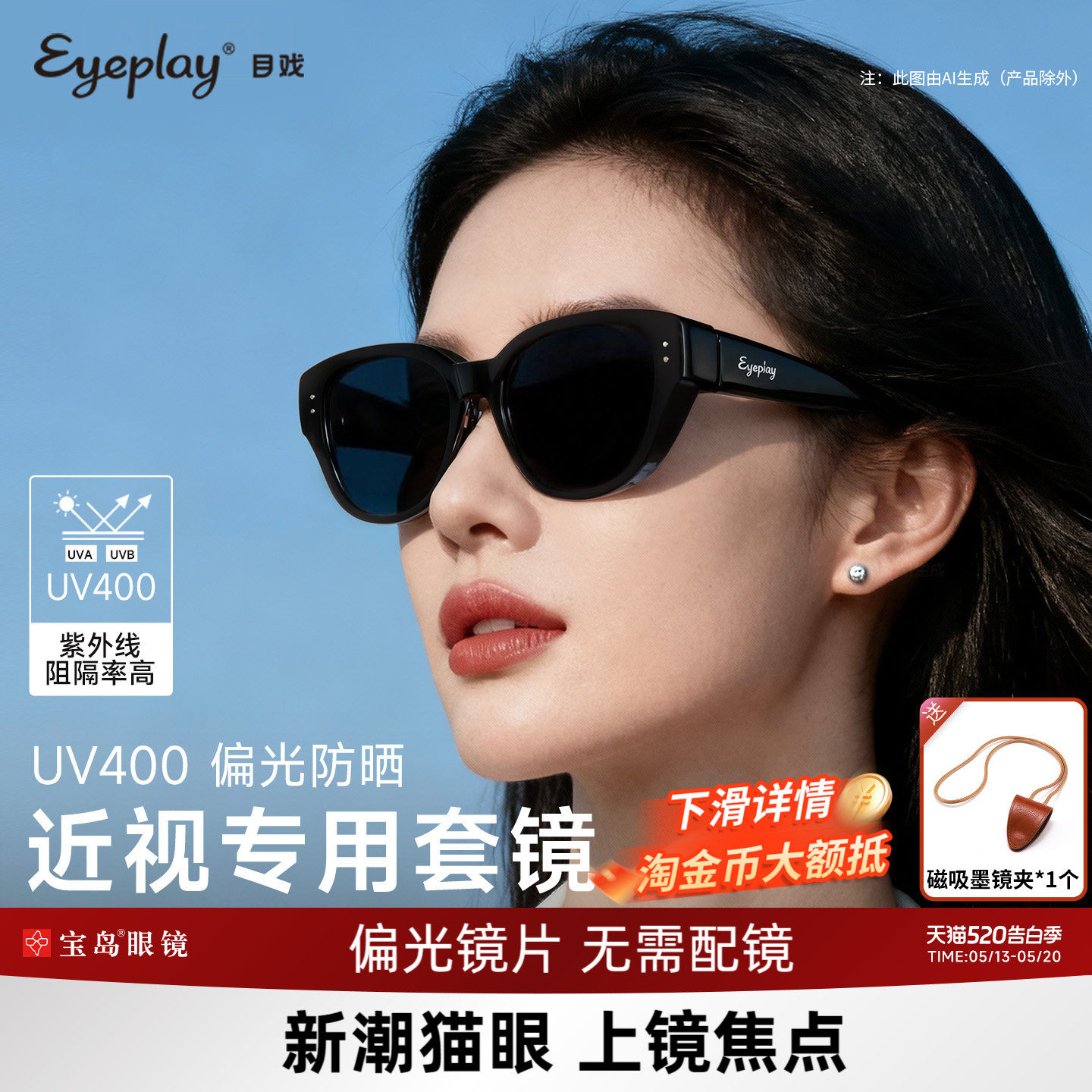 目戏猫眼太阳镜可套近视眼镜防紫外线护目偏光墨镜套镜女款31027