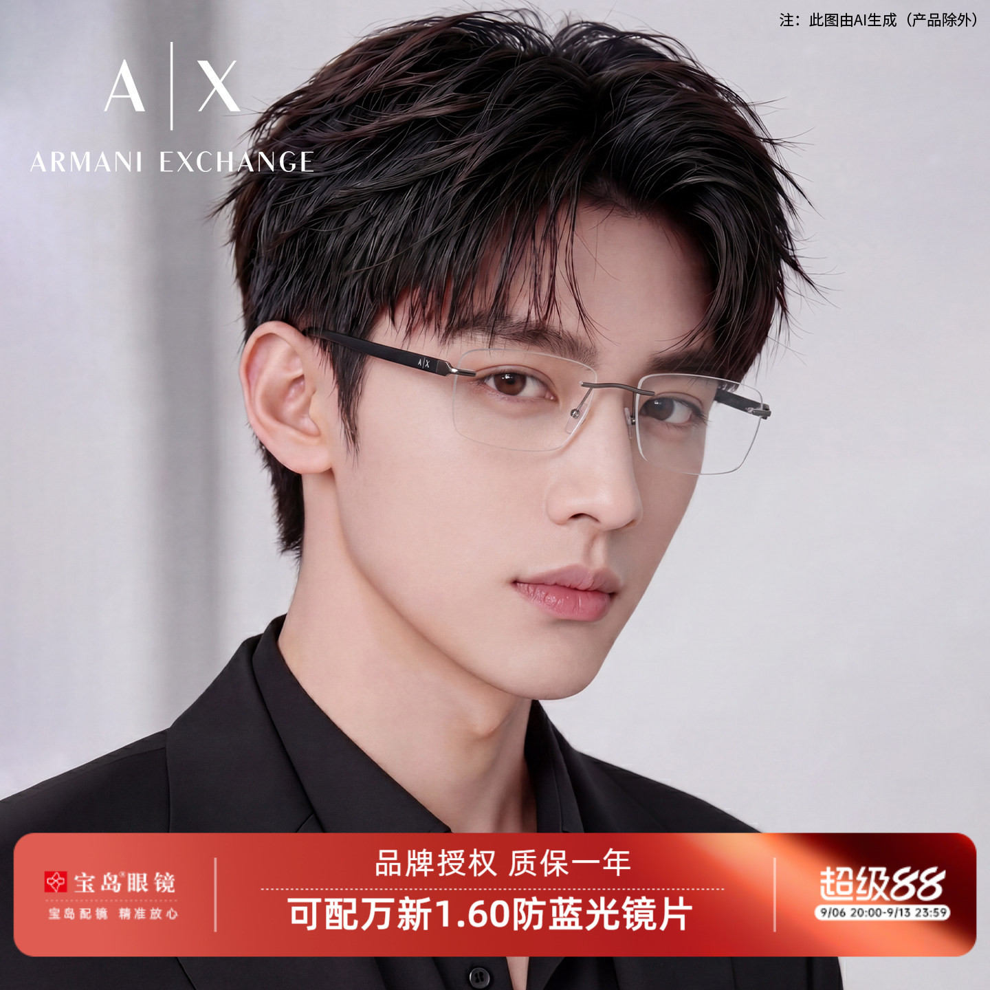 ARMANI阿玛尼眼镜框男女商务无框简约方框眼镜架可配近视AX1064