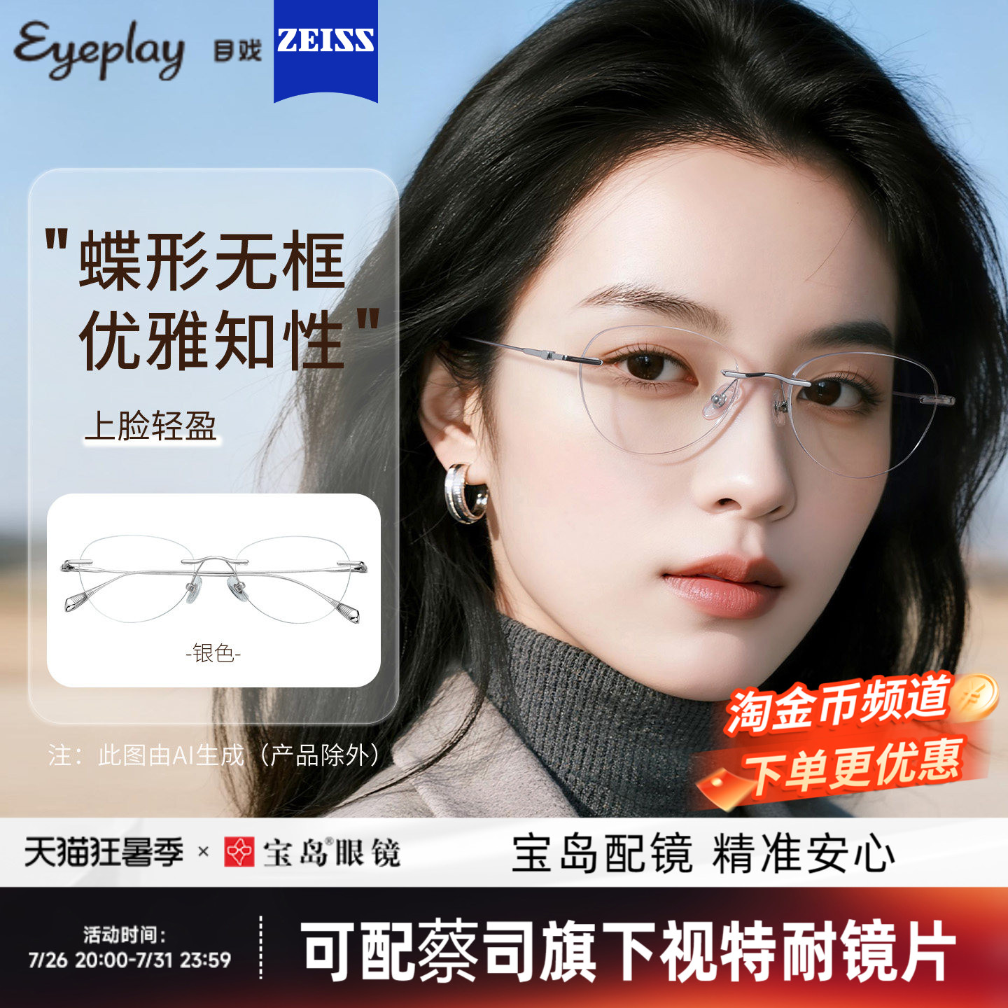 目戏无边框近视眼镜女可配度数可选蔡司无框眼镜框镜架轻盈23003