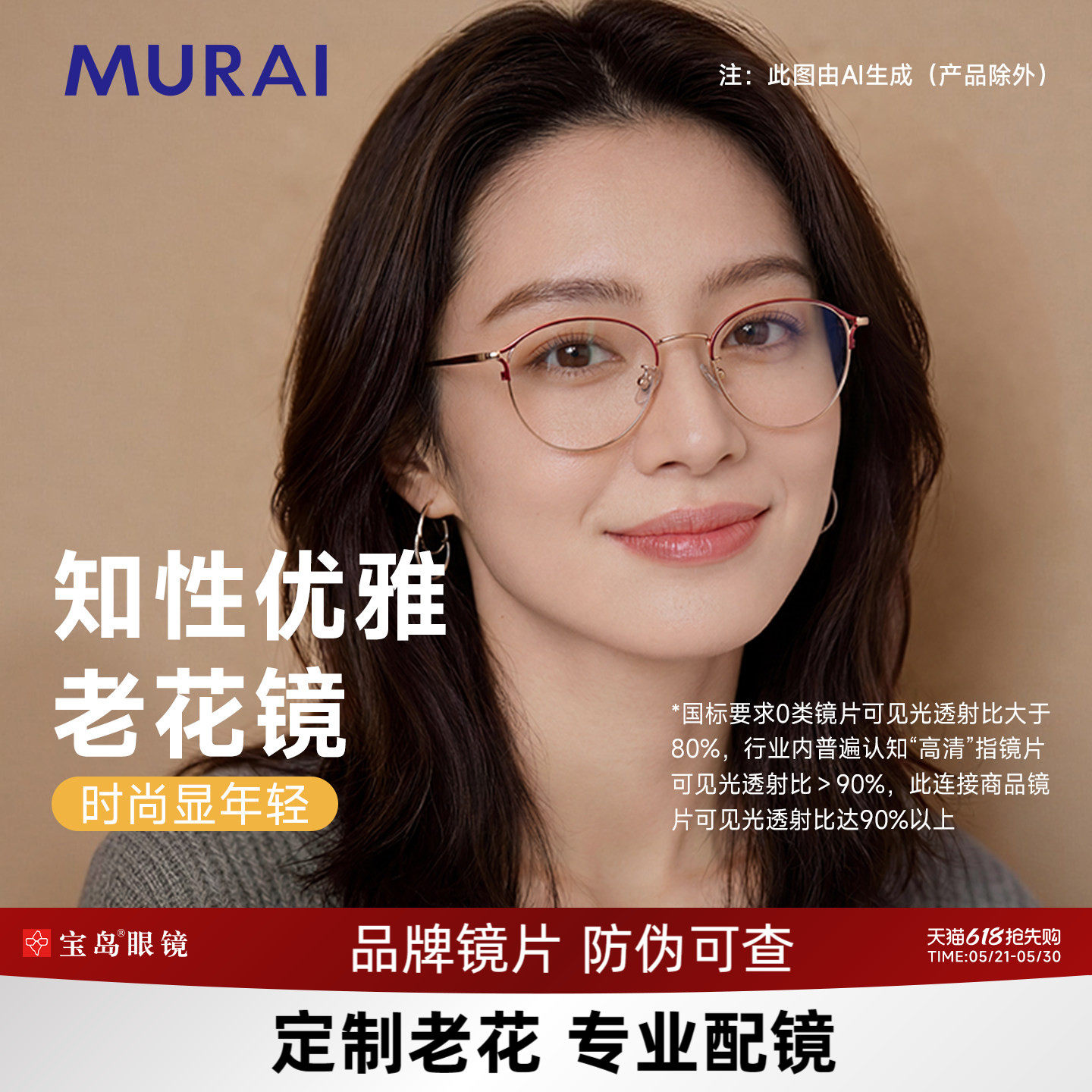 MURAI品牌老花镜女可定制蔡司镜片花镜女钛合金镜腿老花眼镜女士