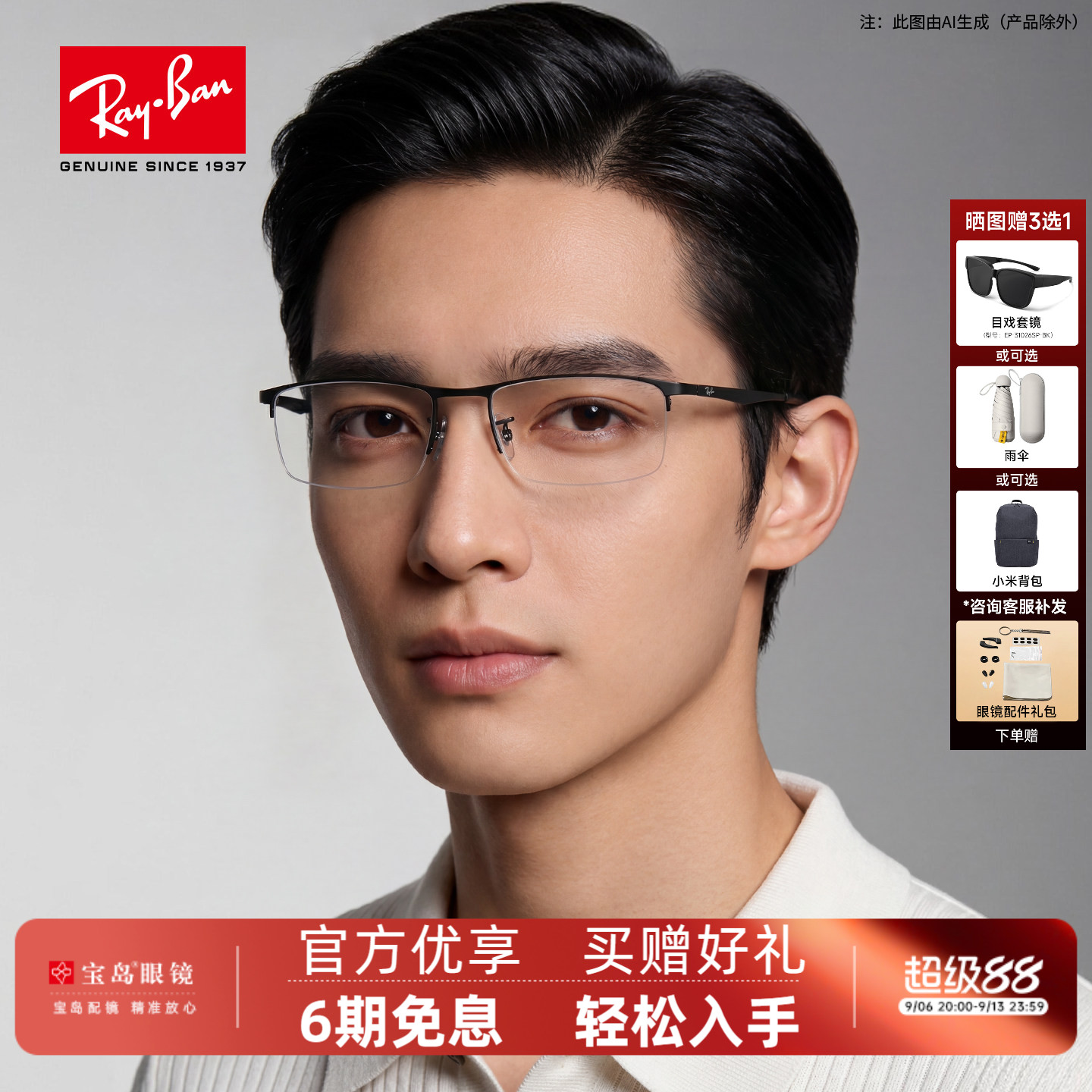 雷朋半框近视眼镜架男商务眼镜框男可配镜片宝岛官方0RX6281D