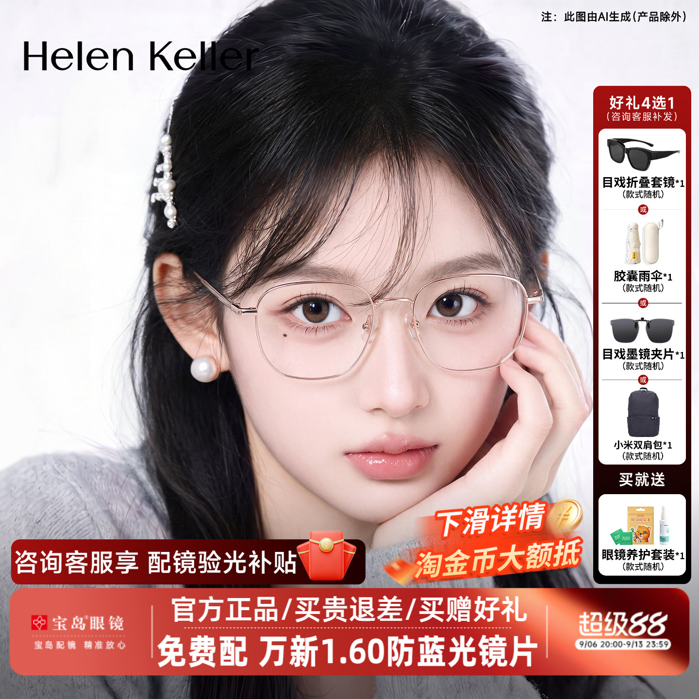 海伦凯勒近视眼镜框方框修颜细框男女可配度数镜片光学镜架H82104