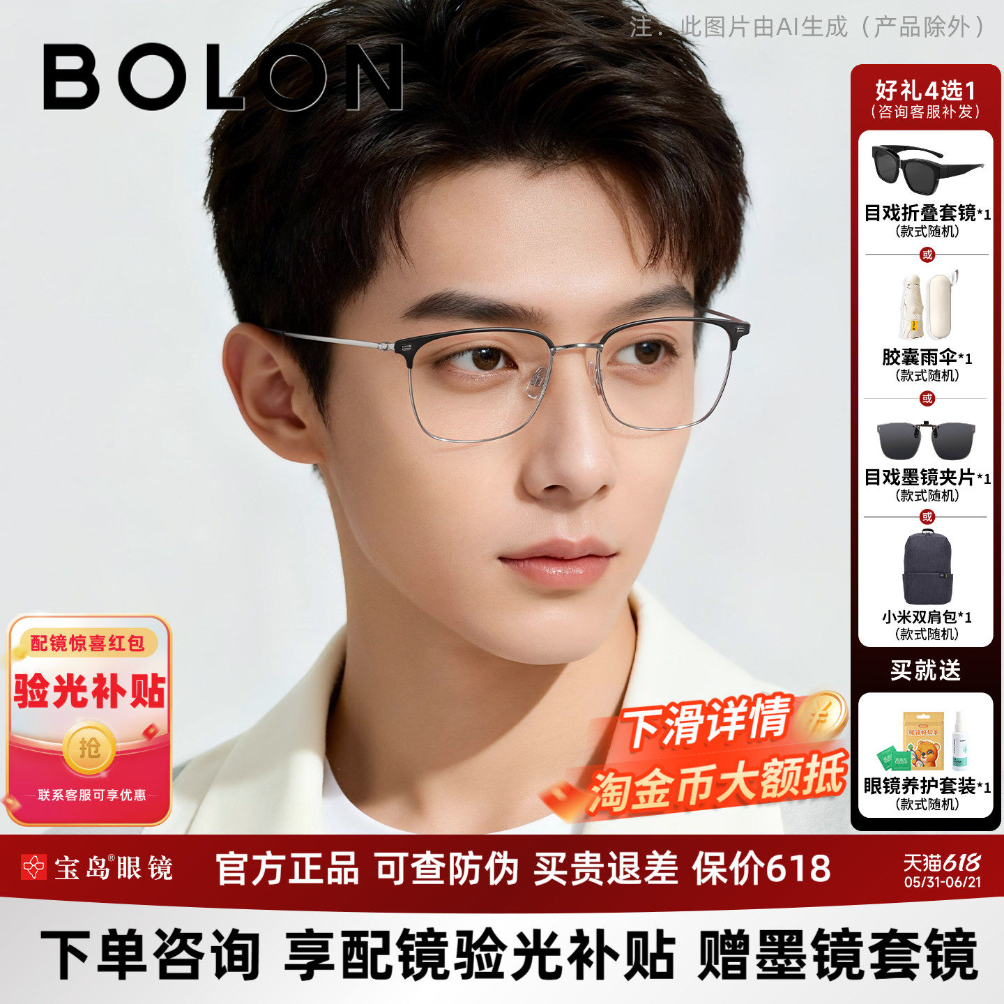 暴龙钛合金近视眼镜框休闲眉框男士可选蔡司镜片光学镜架女BA7009