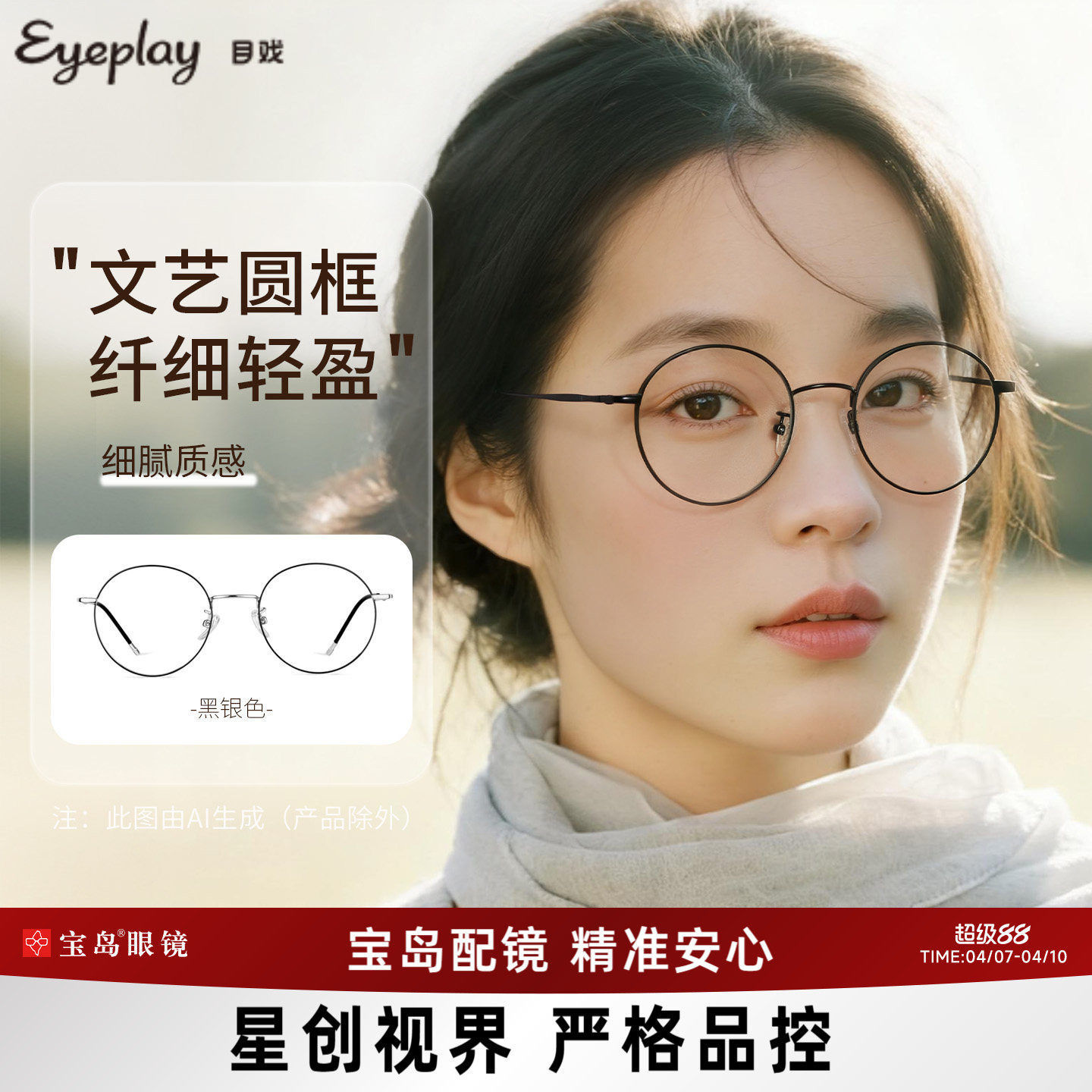 目戏防蓝光辐射眼镜护眼无度数平光镜文艺圆框近视可配度数1025