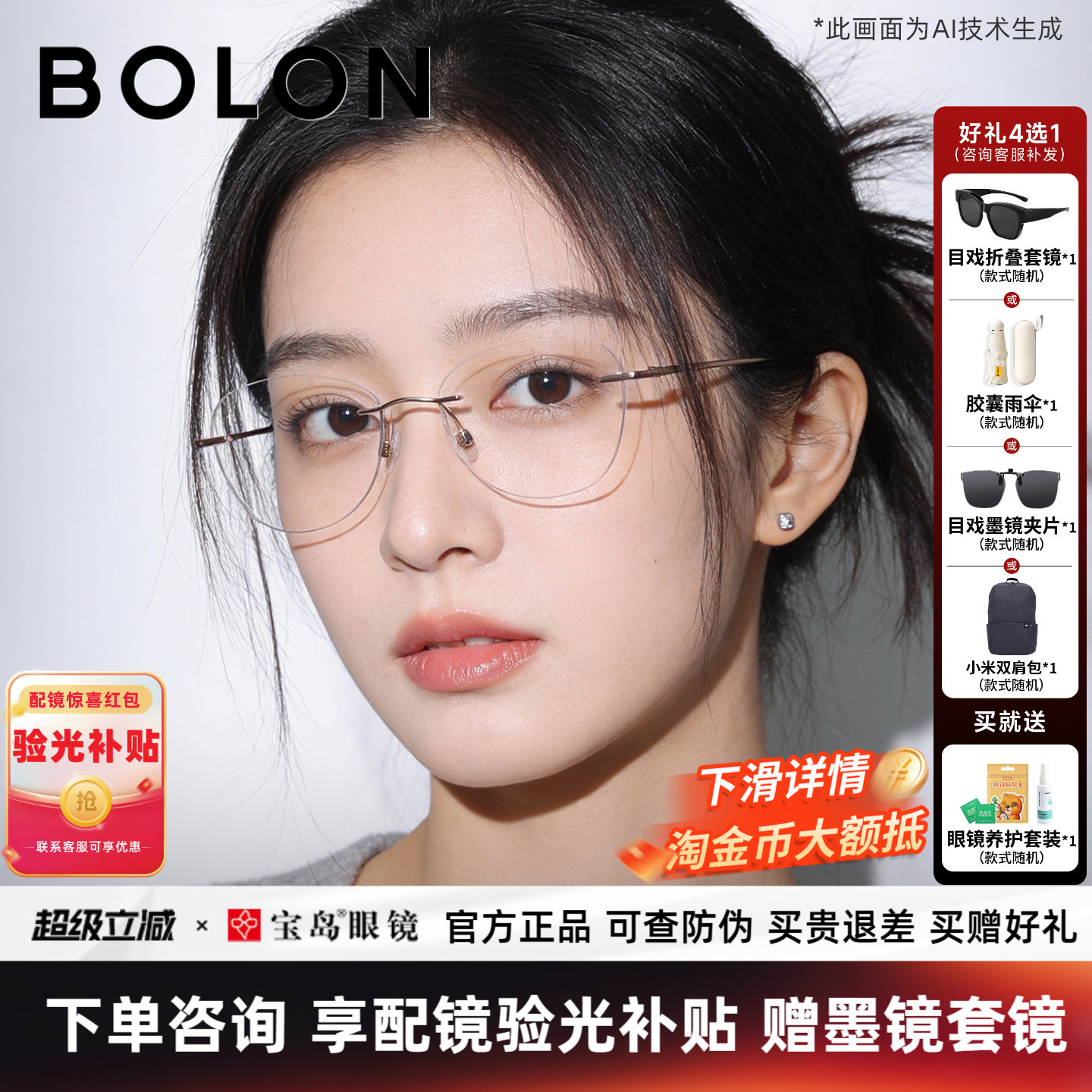 暴龙无框近视眼镜架蝶形钛合金气质可配度数镜片光学镜框女BT1592