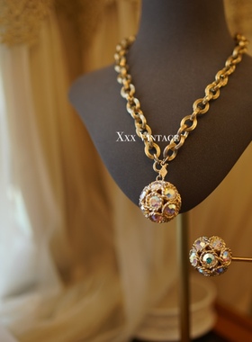 vintage 80s美国 saracov极光莱茵复古项链耳夹套装