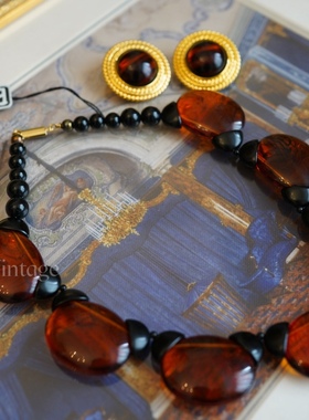 vintage80s Benamun仿琥珀项链耳夹套装