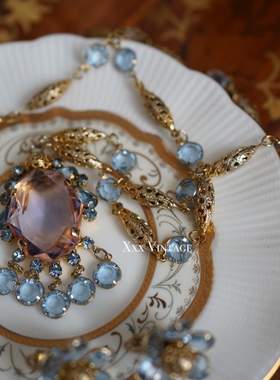 vintage美国60s无标开背超大粉蓝色流苏施华洛古董项链耳夹套装