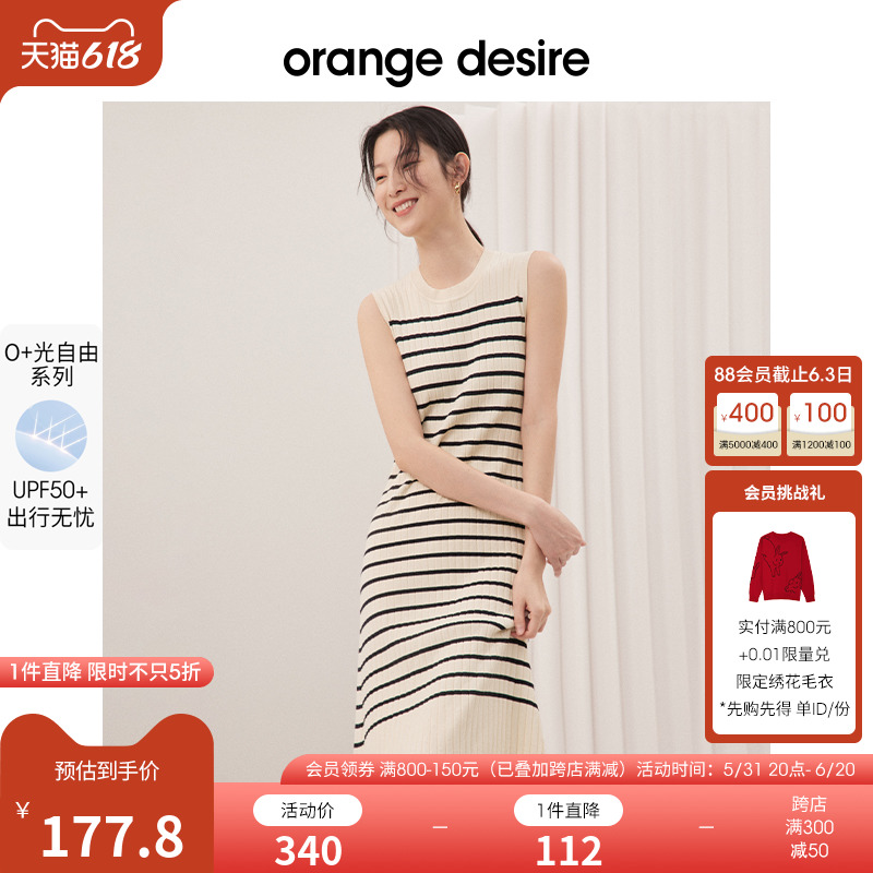 【O+防晒系列】orange desire条纹针织连衣裙女2024新款显瘦长裙