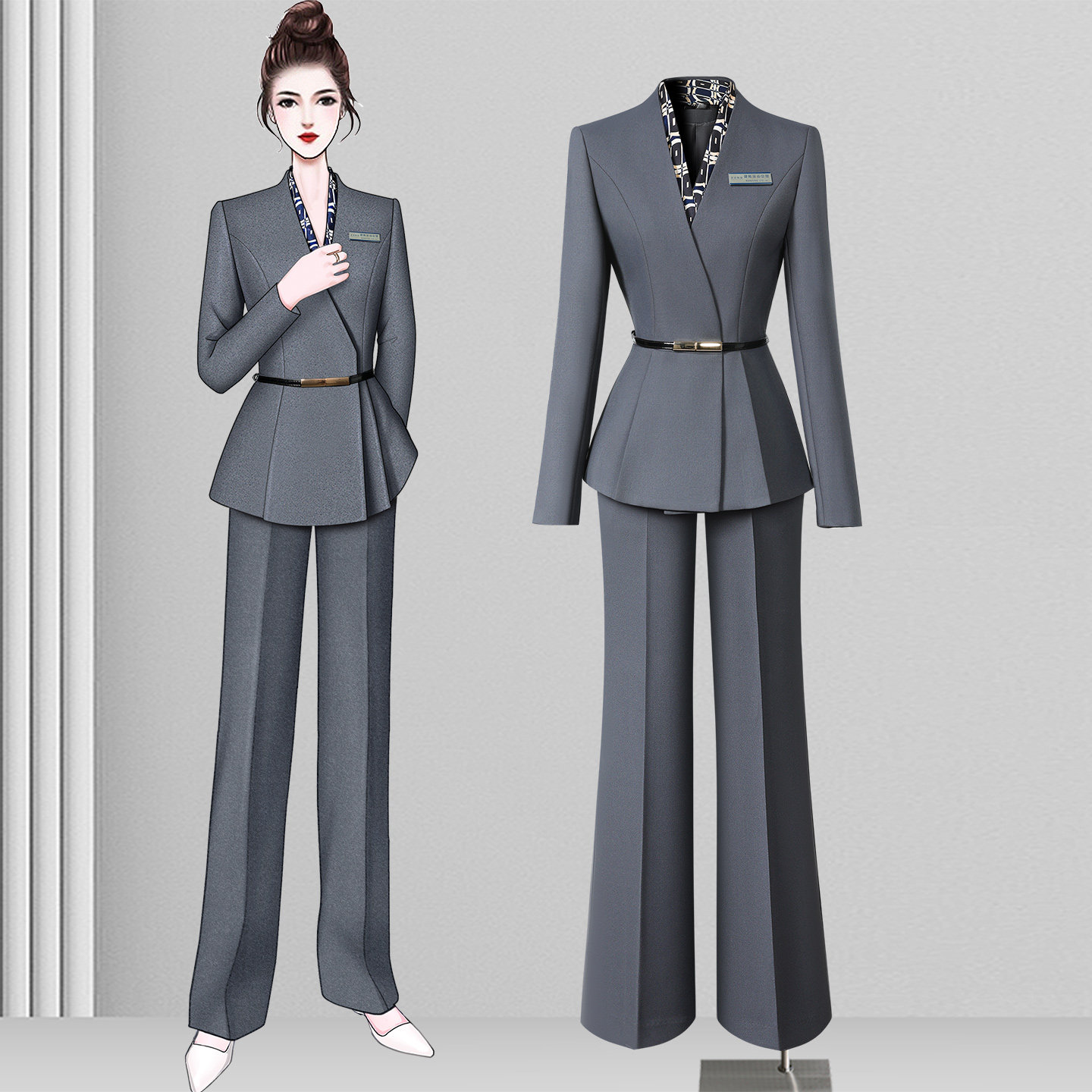灰色职业西装套装女阔腿裤高级感酒店前台销售美业客服工装制服秋