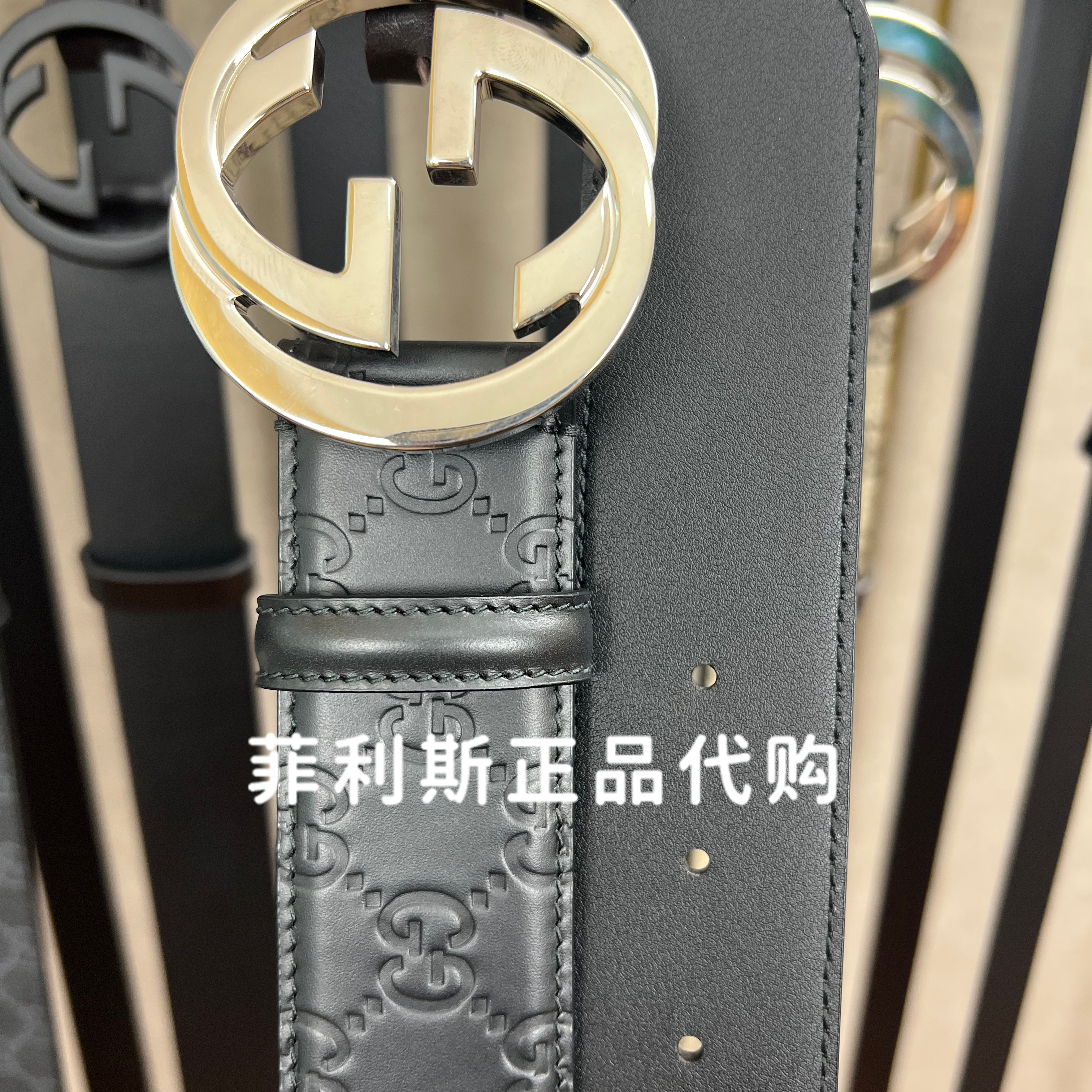 Gucci古驰经典男士皮带经典牛皮压花logo腰带4cm方头