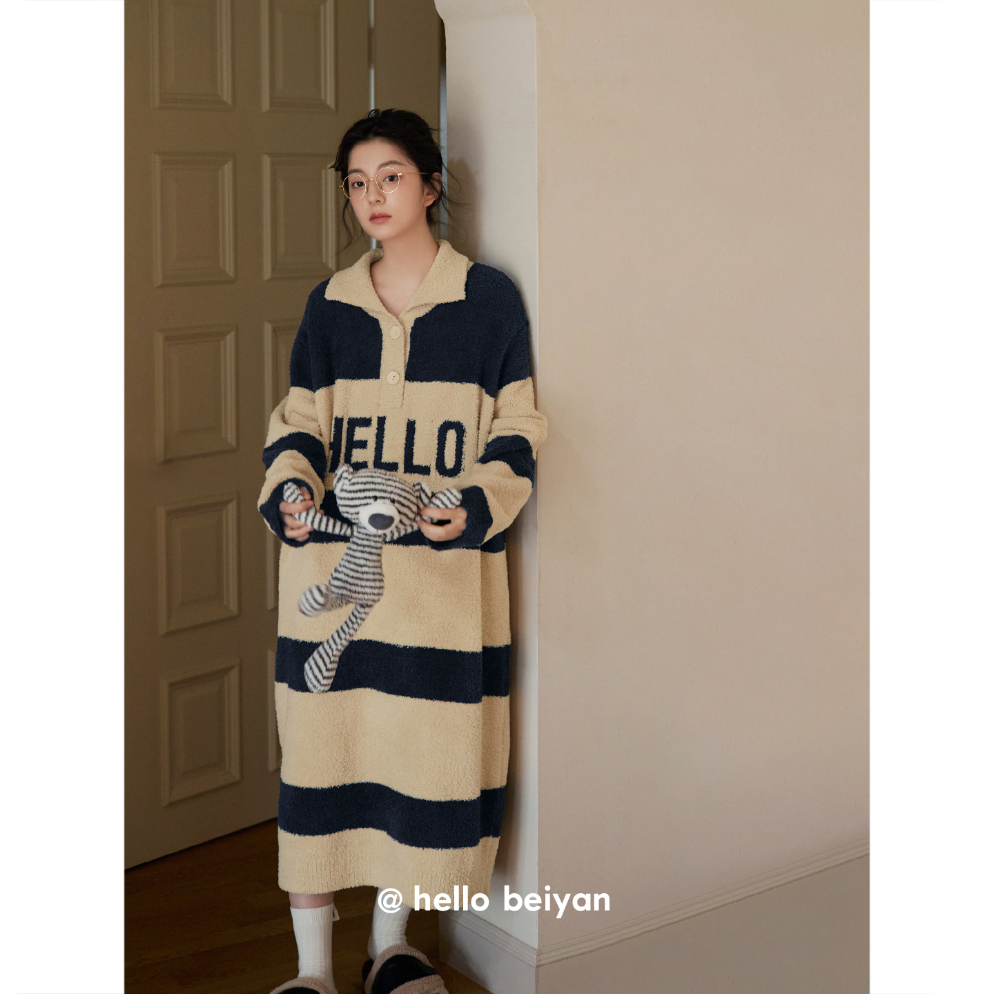 贝妍女冬保暖半边绒慵懒外穿睡裙