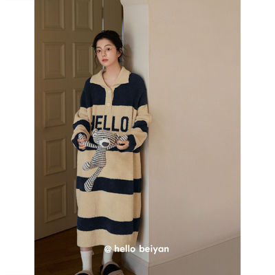 贝妍女冬保暖半边绒慵懒外穿睡裙