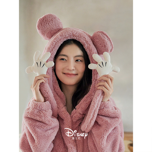 迪士尼新款女睡衣冬加厚法兰绒睡袍套装保暖珊瑚绒可爱连帽家居服