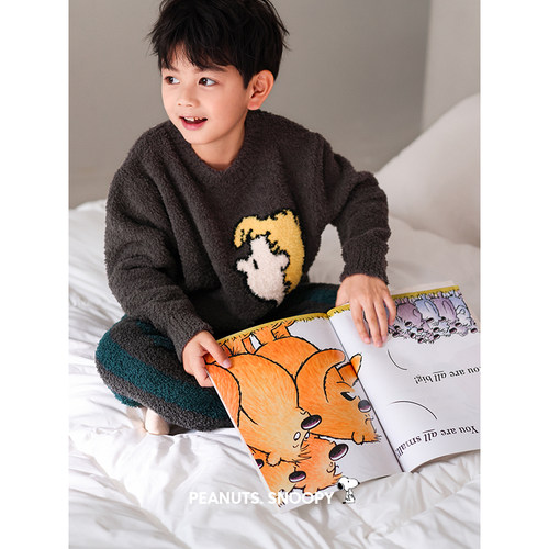 贝妍冬史努比保暖半边绒儿童睡衣