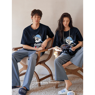 新款情侣睡衣女夏季薄款可爱卡通短袖长裤套装男士大码凉感家居服