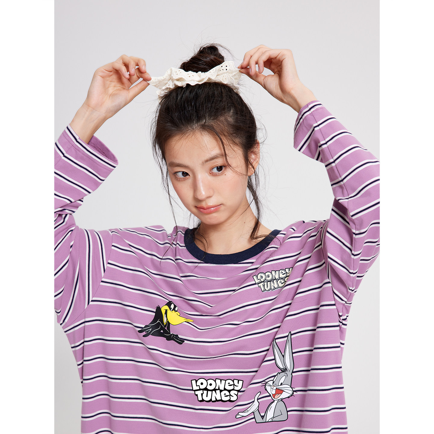贝妍兔八哥联名睡裙女春秋新款柔软棉长袖睡衣少女外穿条纹连衣裙