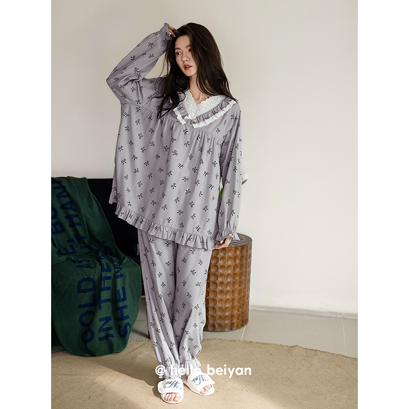 贝妍女春秋款甜美公主风V领睡衣