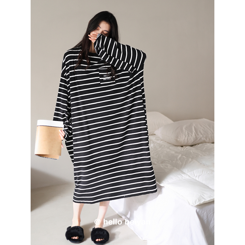 贝妍春秋新款女士长袖睡衣宽松大码条纹睡裙柔软棉休闲可外穿长裙