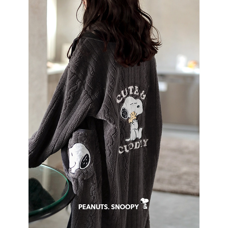 贝妍史努比珊瑚绒睡衣女冬季加绒加厚法兰绒中长款睡袍家居服套装