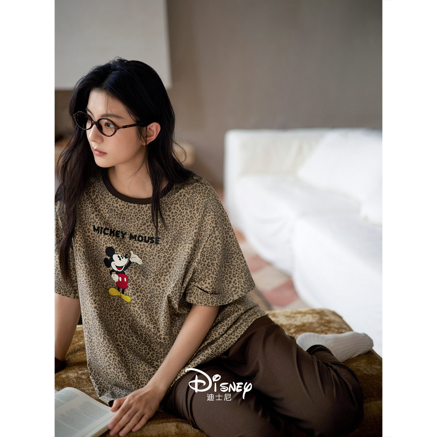 迪士尼睡衣女款夏季纯棉短袖时尚豹纹套装可爱米奇少女大码家居服