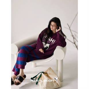 贝妍史努比睡衣女款冬季圆领保暖半边绒家居服少女外穿珊瑚绒套装