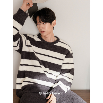 贝妍秋冬男士时尚条纹半边绒睡衣