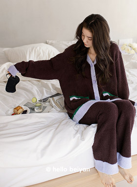 贝妍女秋冬V领美拉德半边绒睡衣