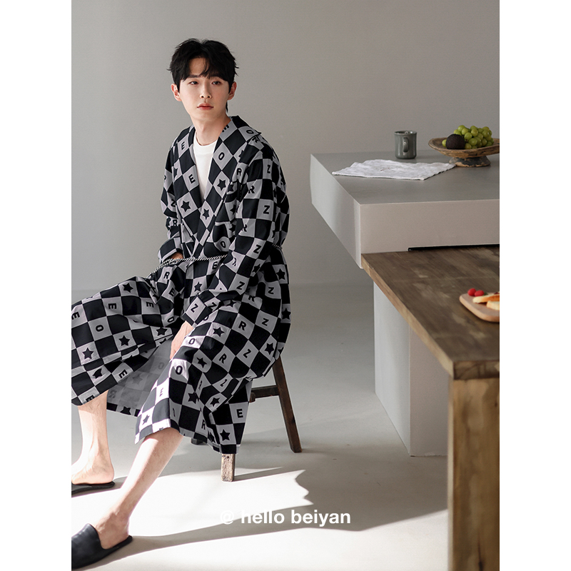 贝妍男士春秋长袖大码睡袍晨袍