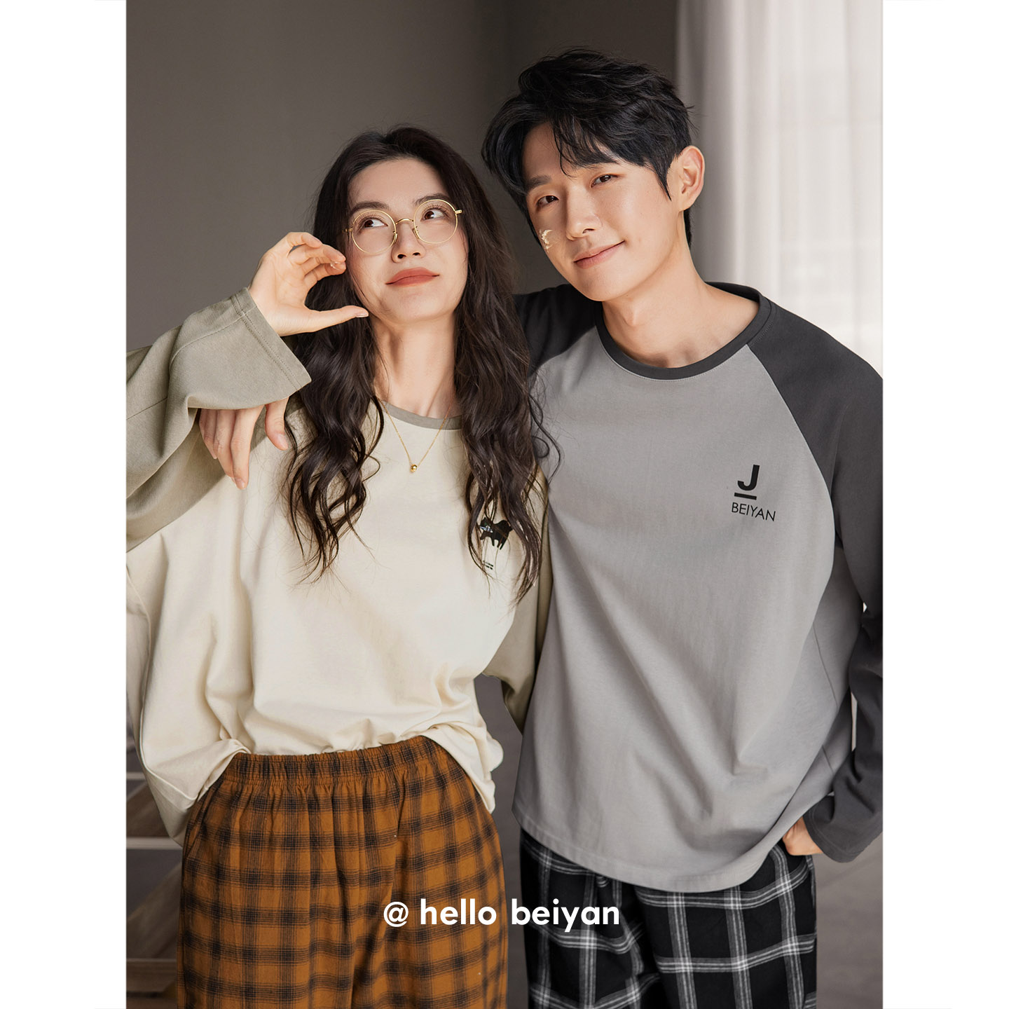 贝妍新款情侣睡衣女春秋季柔软棉圆领长袖家居服男士大码休闲套装