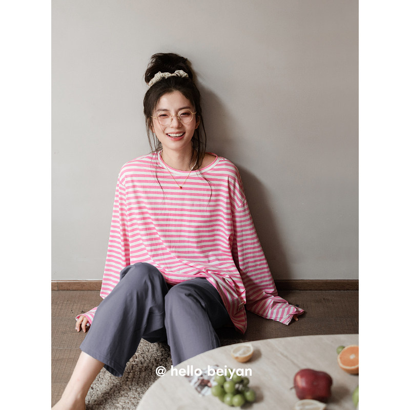 贝妍新款睡衣女春秋柔软莫代尔棉长袖家居服时尚撞色显瘦条纹套装,女士内衣/男士内衣/家居服,睡衣/家居服套装,淘宝优惠券,粉丝福利购,淘宝优惠卷