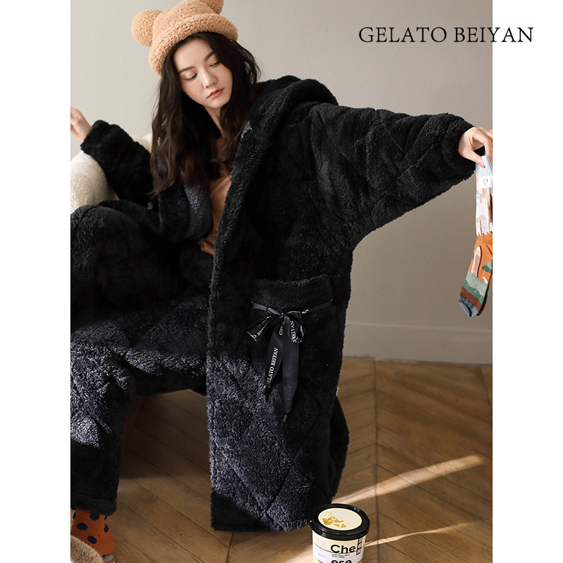 贝妍冬季夹棉袄睡衣女加绒加厚长款珊瑚绒睡袍套装连帽保暖家居服