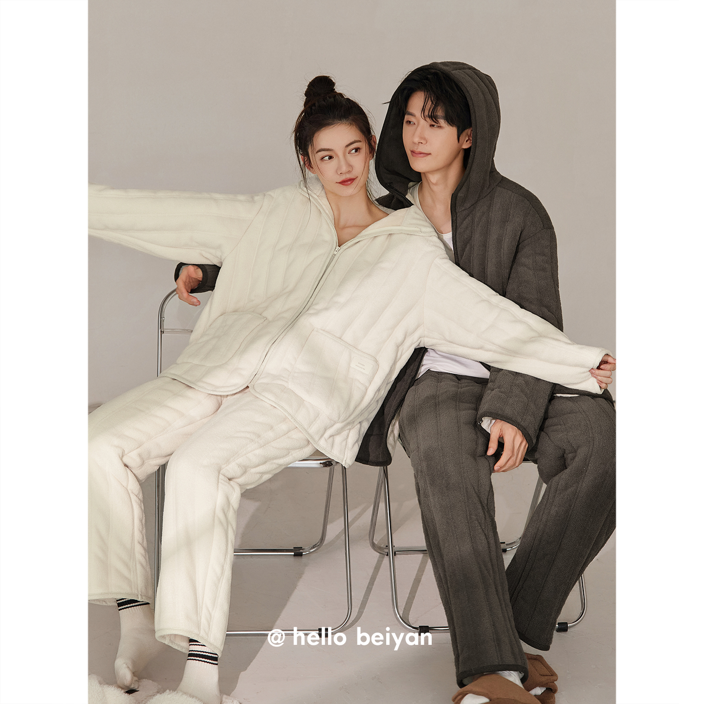 贝妍冬季加厚珊瑚绒夹棉情侣睡衣