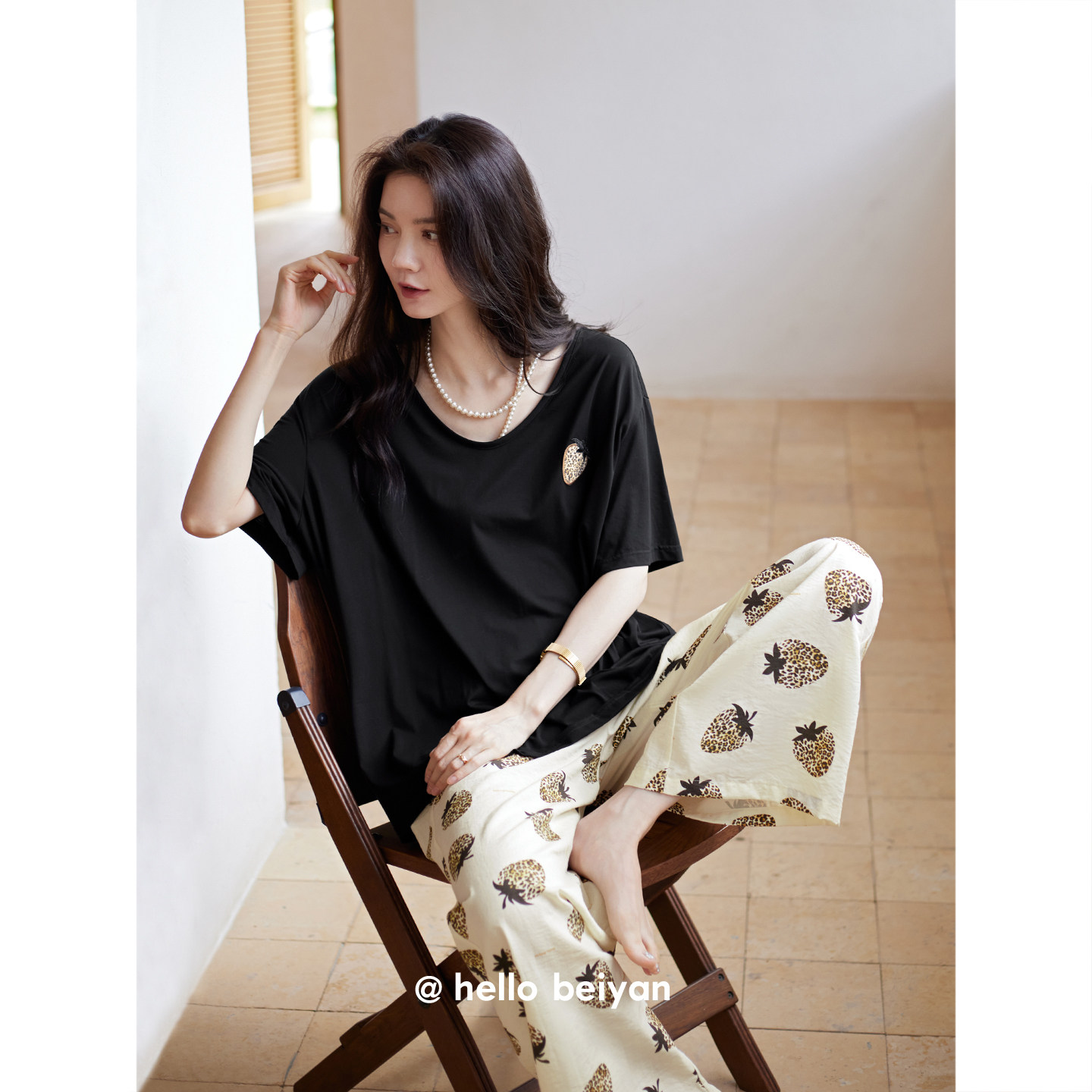 贝妍莫代尔棉睡衣女短袖草莓豹纹阔腿长裤家居服夏季慵懒少女套装