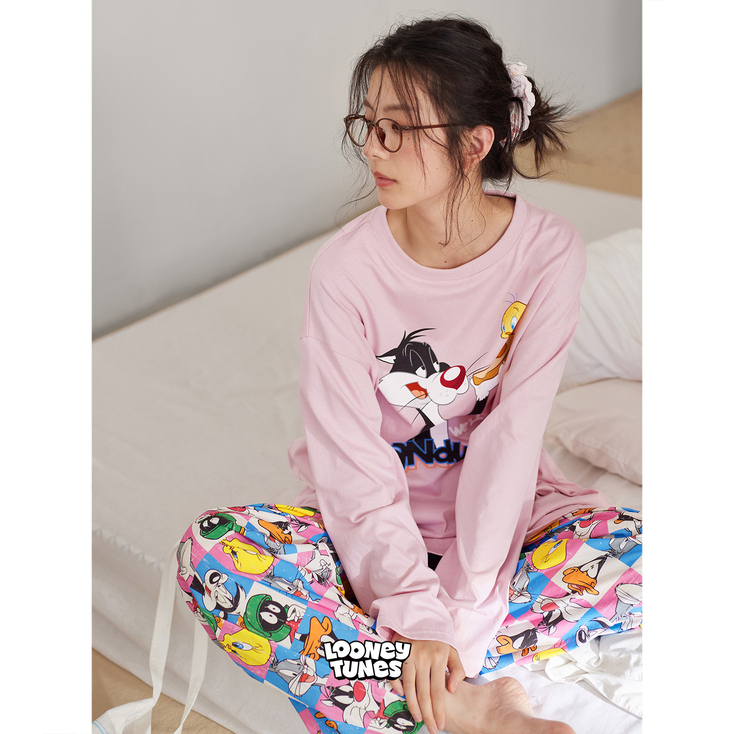 贝妍兔八哥睡衣女春秋季新款可爱卡通长袖家居服减龄少女大码套装