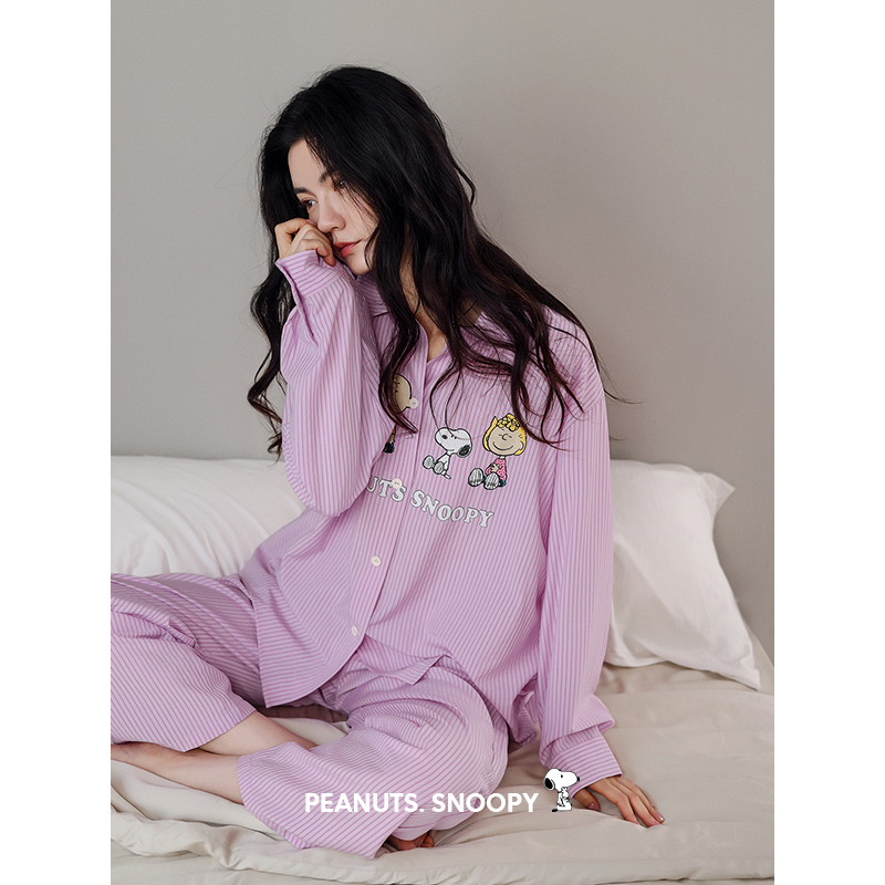 贝妍女春秋季条纹长袖史努比睡衣