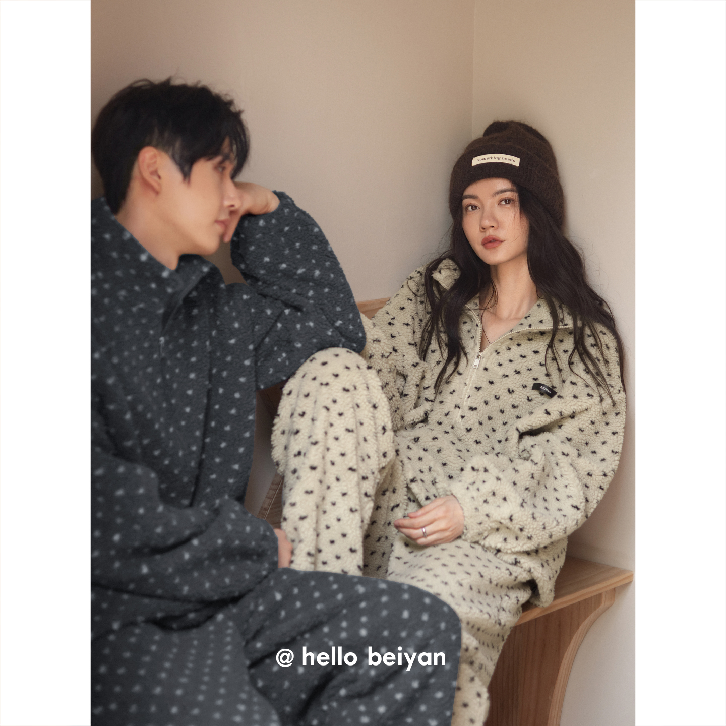 贝妍冬季加厚保暖羊羔绒情侣睡衣