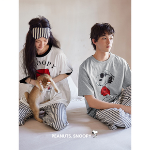 男士 贝妍凉感情侣睡衣女夏薄款 套装 条纹长裤 宽松家居服 史努比短袖