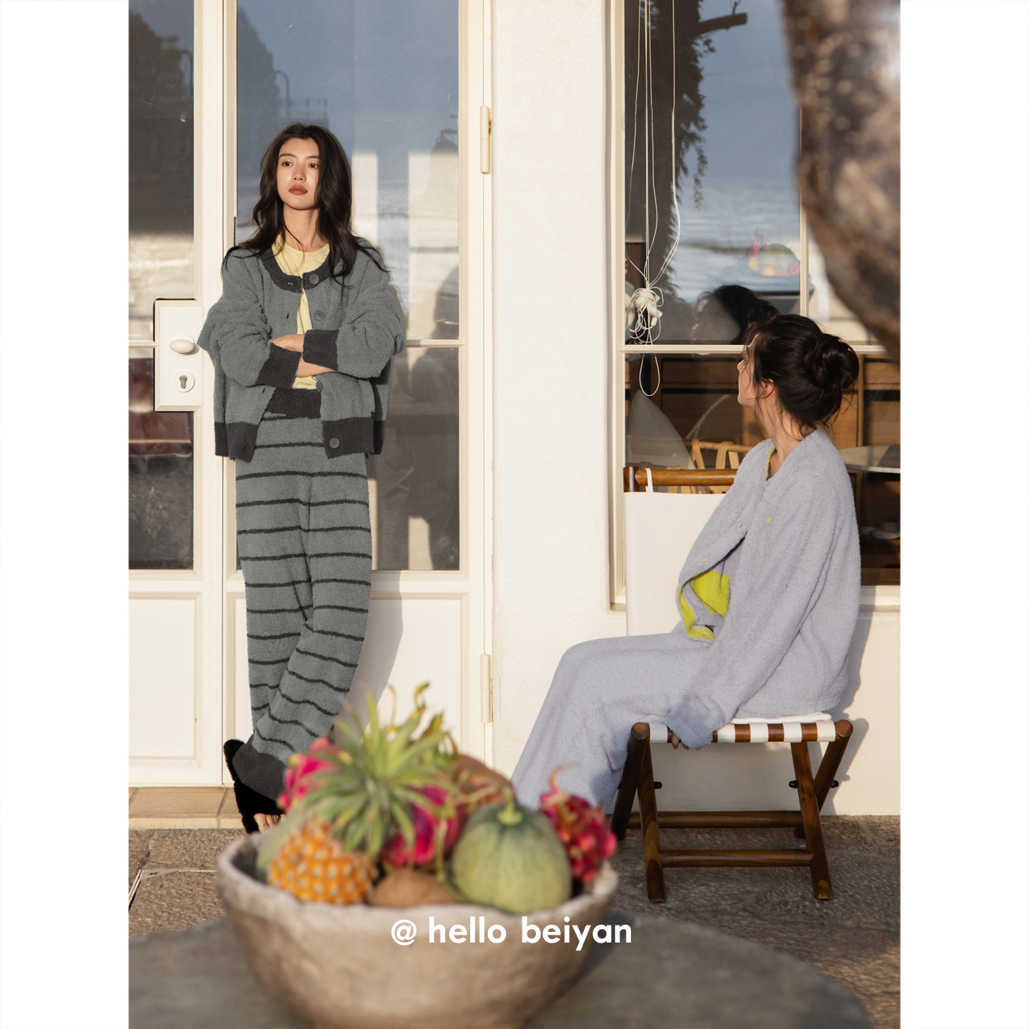 贝妍女冬休闲开衫保暖半边绒睡衣