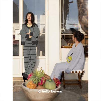 贝妍女冬休闲开衫保暖半边绒睡衣