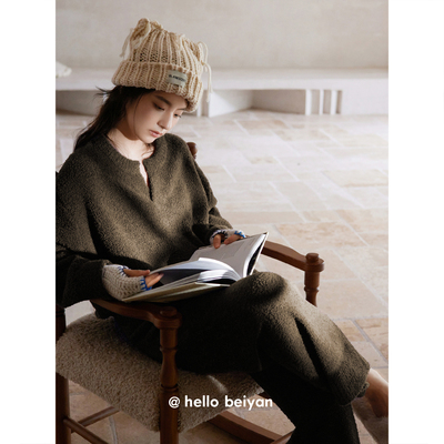 贝妍女冬简约纯色保暖半边绒睡衣