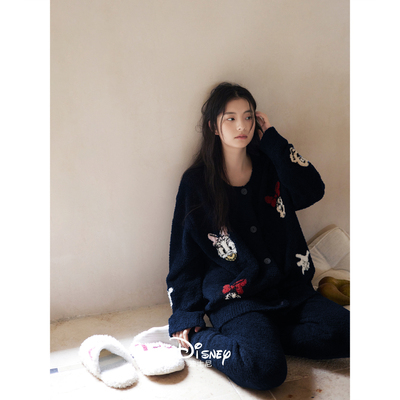 女款秋冬可爱保暖开衫半边绒睡衣